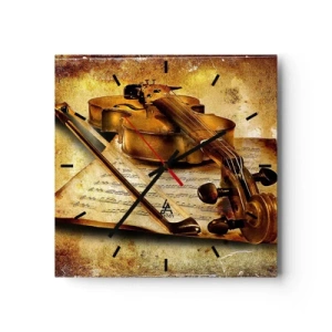 Orologio da parete - Orologio in Vetro - Un violino con spartito su uno sfondo vintage dai toni caldi - 30x30cm - Ci vuole subito un virtuoso - Decorazione murale moderna per soggiorno e camera da letto ARTTOR