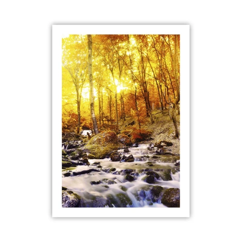 Poster - Foresta autunnale con un ruscello impetuoso alla luce del sole al tramonto - 50x70cm - Pietre incorniciate in oro e platino - Decorazione murale moderna per soggiorno e camera da letto ARTTOR