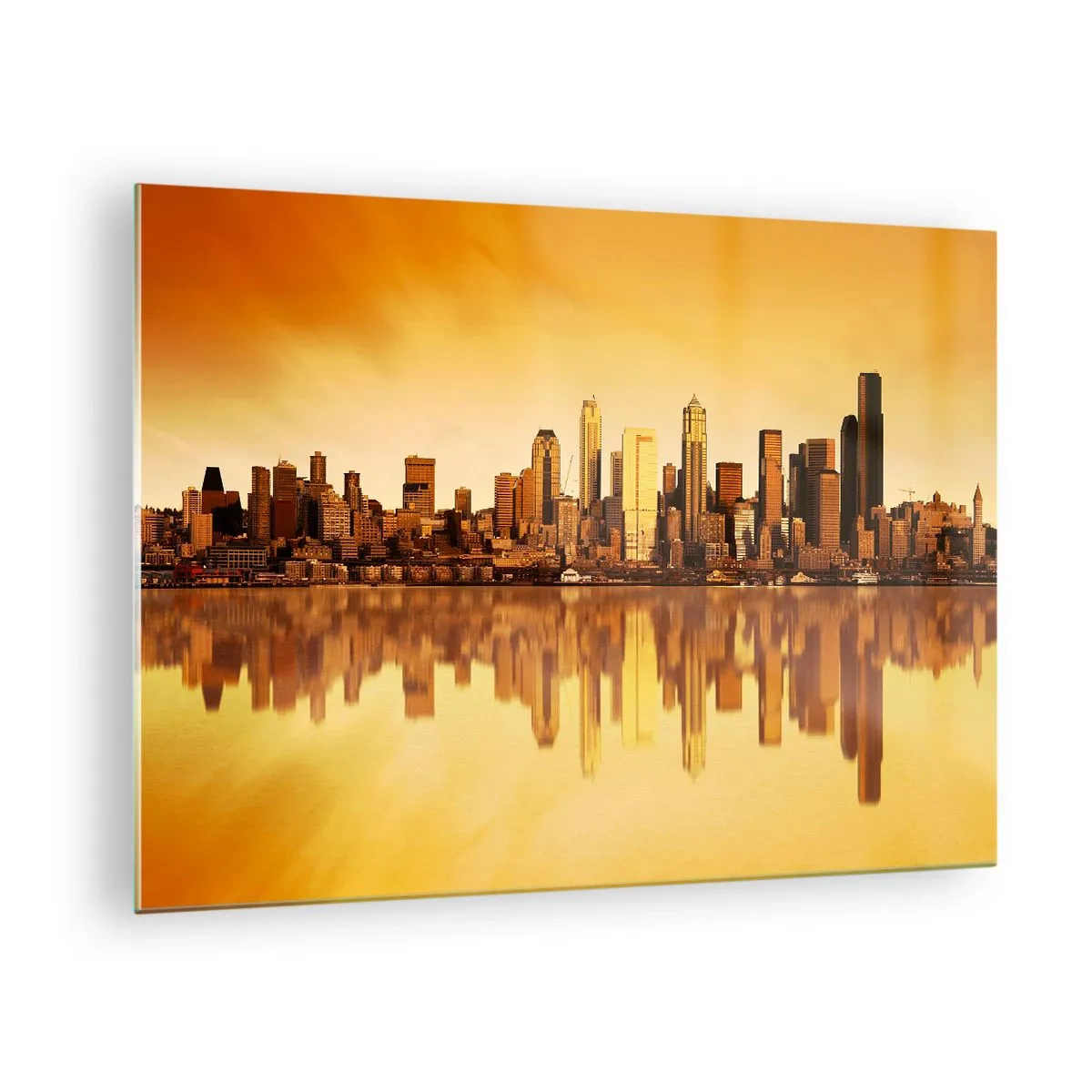 Quadro su vetro - Panorama della città nella luce dorata del tramonto - 70x50cm - Silenzio della metropoli - Decorazione murale moderna per soggiorno e camera da letto ARTTOR