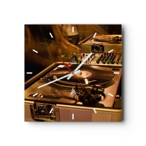 Orologio da parete - Orologio in Vetro - Attrezzatura da DJ con giradischi e mixer durante una festa - 30x30cm - Senti la forza? - Decorazione murale moderna per soggiorno e camera da letto ARTTOR