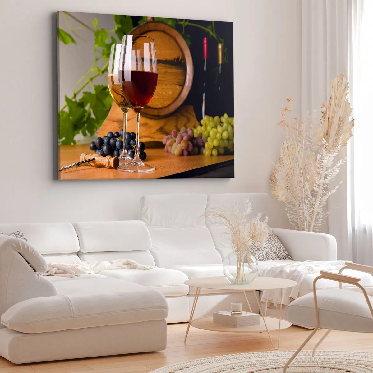 Quadro su tela - Stampe su Tela - Bicchieri di vino con uva, una botte e bottiglie su un tavolo di legno - 70x50cm - Come presso gli antichi conoscitori - Decorazione murale moderna per soggiorno e camera da letto ARTTOR