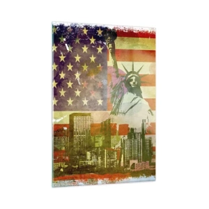 Quadro su vetro - Bandiera degli Stati Uniti con la sagoma della Statua della Libertà e il paesaggio urbano - 50x70cm - Viva l'America! - Decorazione murale moderna per soggiorno e camera da letto ARTTOR
