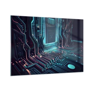 Quadro su vetro - Visualizzazione al neon delle tracce del processore su uno sfondo nero - 100x70cm - Sto pensando qualcosa... - Decorazione murale moderna per soggiorno e camera da letto ARTTOR