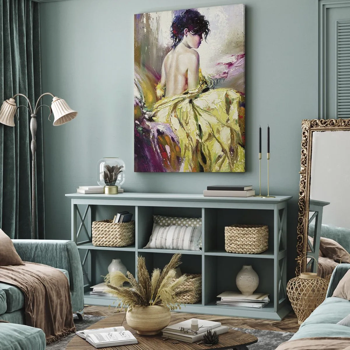 Quadro su tela - Stampe su Tela - Una scena pittorica di una donna su un letto in un'atmosfera romantica - 50x70cm - Tra la bocca e il bordo della coppa - Decorazione murale moderna per soggiorno e camera da letto ARTTOR