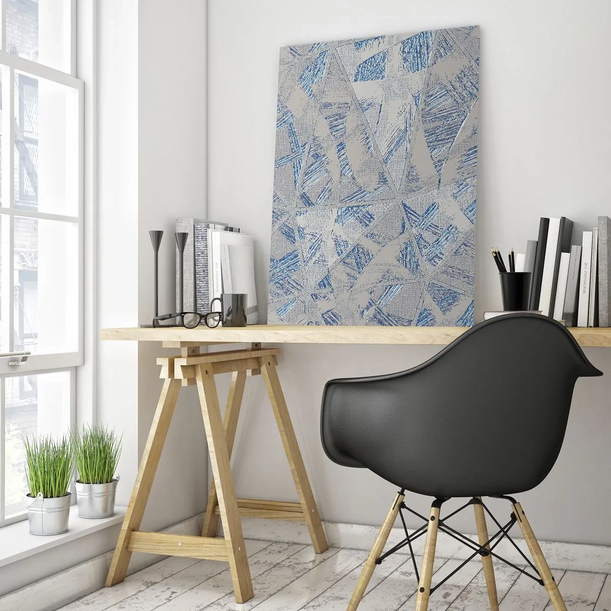 Quadro su vetro - Motivi geometrici nelle tonalità del blu e del grigio - 80x120cm - Nel labirinto grigioblu - Decorazione murale moderna per soggiorno e camera da letto ARTTOR
