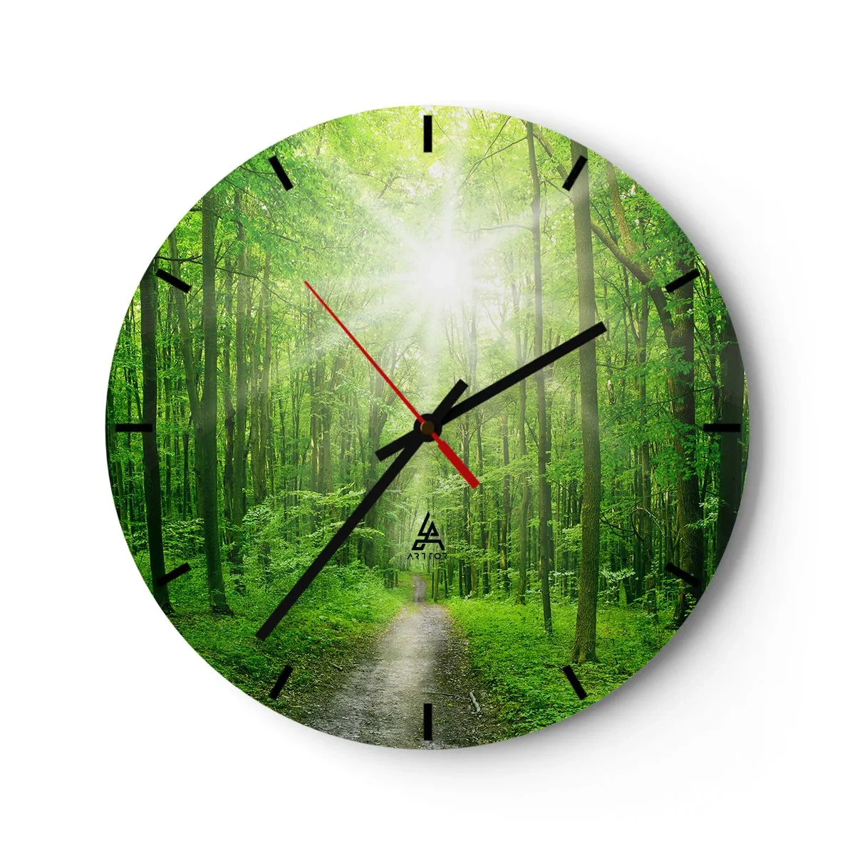 Orologio da parete - Orologio in Vetro - Un sentiero nel bosco illuminato dai raggi del sole - 30x30cm - Cattedrale verde - Decorazione murale moderna per soggiorno, cucina e camera da letto ARTTOR