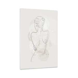 Quadro su vetro - Uno schizzo minimalista di una silhouette femminile su uno sfondo chiaro. - 70x100cm - Come uno strumento delicato - Decorazione murale moderna per soggiorno e camera da letto ARTTOR