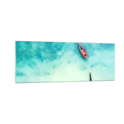 Quadro su vetro - Barche sull'acqua turchese viste da una prospettiva a volo d'uccello - 140x50cm - Nelle spiagge di Zanzibar, quando c'è troppa acqua... - Decorazione murale moderna per soggiorno e camera da letto ARTTOR