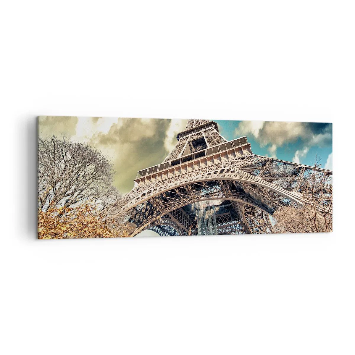 Quadro su tela - Stampe su Tela - La Torre Eiffel dal basso in un ambiente autunnale - 140x50cm - L'autunno a Parigi... - Decorazione murale moderna per soggiorno e camera da letto ARTTOR