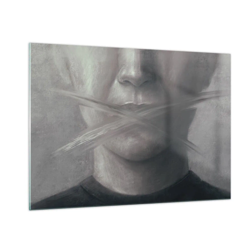 Quadro su vetro - Ritratto di una persona con le labbra macchiate in tonalità di grigio - 100x70cm - Neanche una parola - Decorazione murale moderna per soggiorno e camera da letto ARTTOR