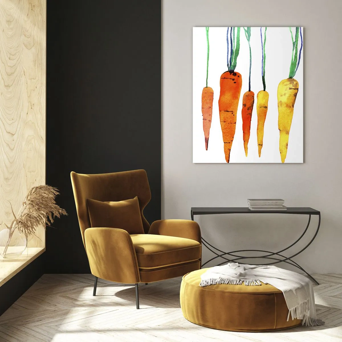 Quadro su vetro - Carote acquerellate in varie tonalità di arancione con steli verdi - 50x70cm - La bellezza della semplicità - Decorazione murale moderna per soggiorno e camera da letto ARTTOR
