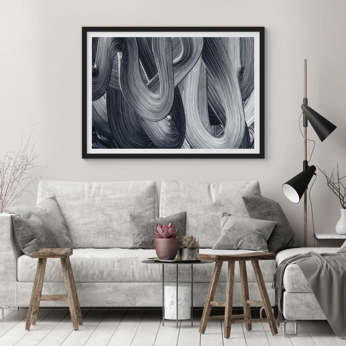 Poster in cornice nera - Astrazione in bianco e nero con pennellate dinamiche. - 70x50cm - La fluidità della realtà - Decorazione murale moderna per soggiorno e camera da letto ARTTOR