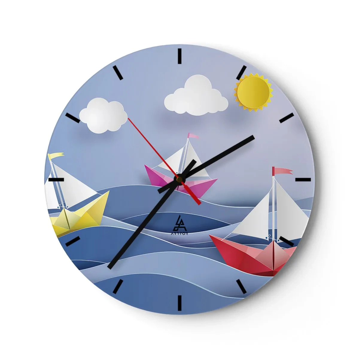 Orologio da parete - Orologio in Vetro - Barche di carta sulle onde in una giornata di sole - 30x30cm - Come è bello dondolare tra le onde - Decorazione murale moderna per soggiorno, cucina e camera da letto ARTTOR