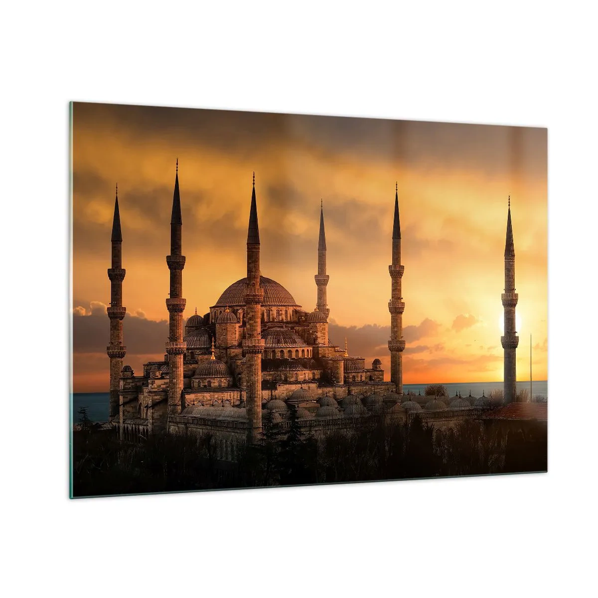 Quadro su vetro - La Moschea Blu sullo sfondo del tramonto - 100x70cm - Dio è grande - Decorazione murale moderna per soggiorno e camera da letto ARTTOR