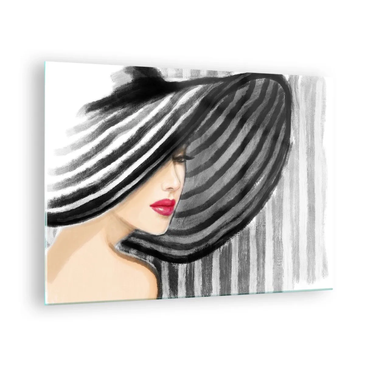 Quadro su vetro - Donna elegante con un cappello a righe bianche e nere - 70x50cm - Dove trovarti? - Decorazione murale moderna per soggiorno e camera da letto ARTTOR