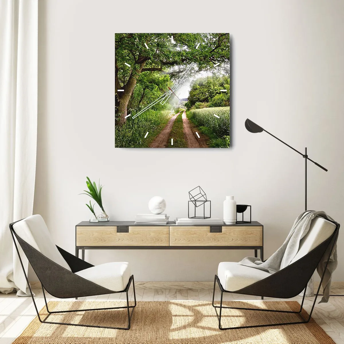 Orologio da parete - Orologio in Vetro - Una strada sterrata tra alberi verdi e luce solare - 30x30cm - Et in Arcadia ego - Decorazione murale moderna per soggiorno e camera da letto ARTTOR