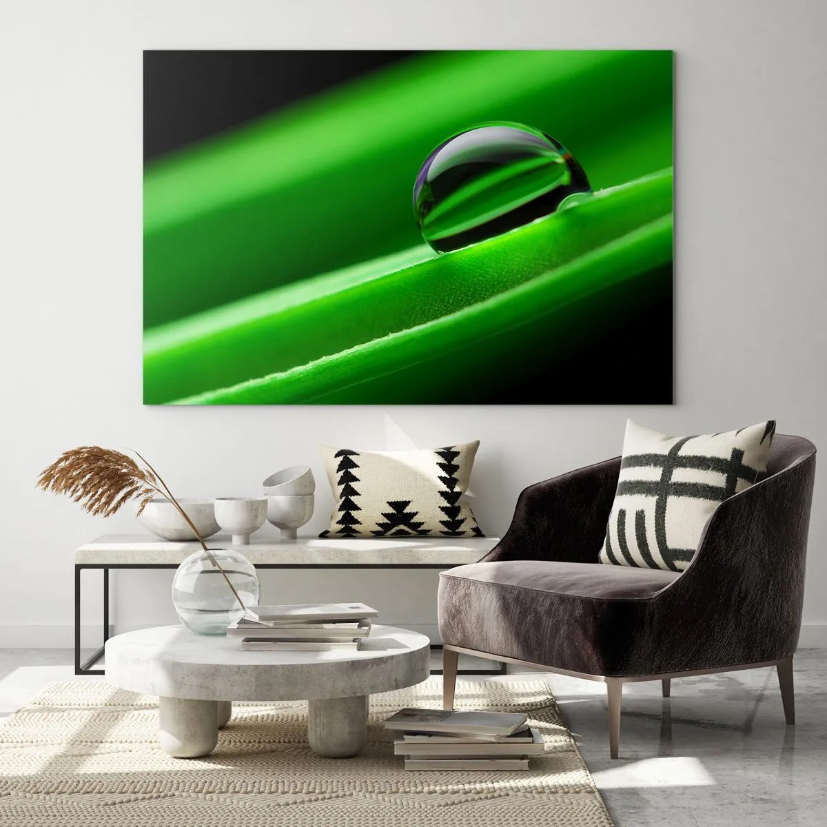 Quadro su vetro - Una goccia di rugiada su una foglia verde - 70x50cm - La vita da vicino - Decorazione murale moderna per soggiorno e camera da letto ARTTOR