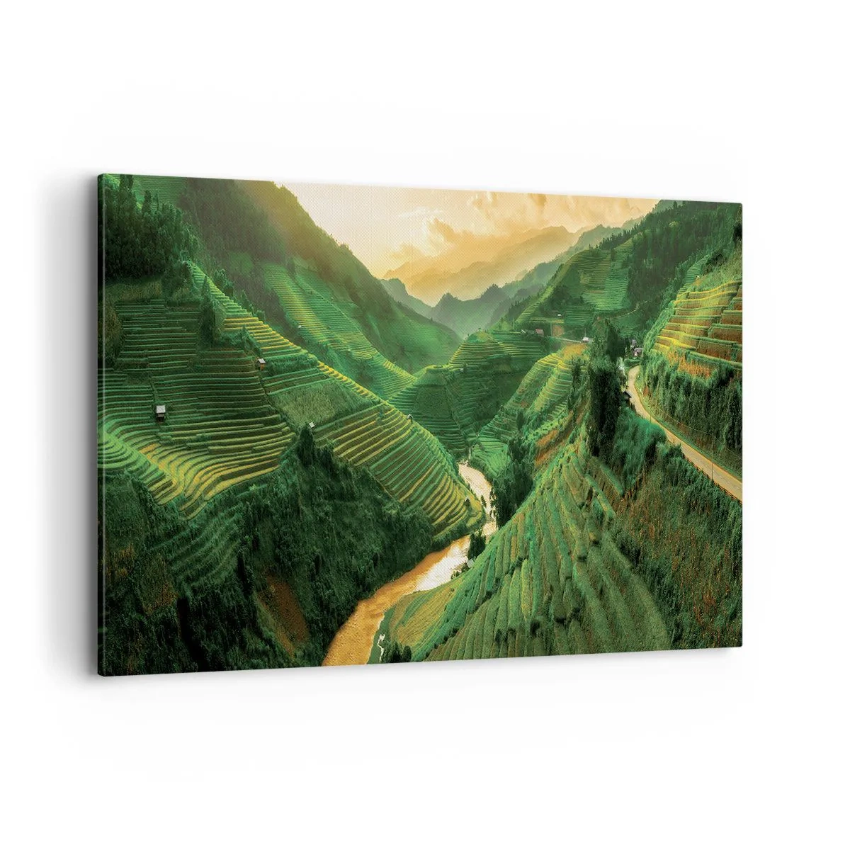 Quadro su tela - Stampe su Tela - Pittoresche terrazze di riso in una valle verde illuminata dal sole al tramonto - 120x80cm - Valle del Vietnam - Decorazione murale moderna per soggiorno e camera da letto ARTTOR