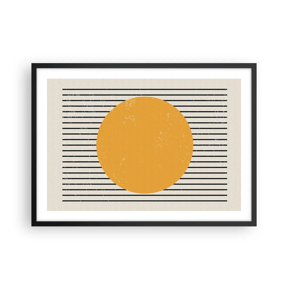Poster in cornice nera - Un cerchio giallo su uno sfondo di linee orizzontali bianche e nere - 70x50cm - La forza della semplicità - Decorazione murale moderna per soggiorno e camera da letto ARTTOR