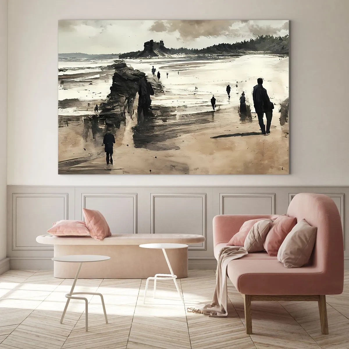 Quadro su vetro - Silhouette che camminano su un'ampia spiaggia sotto un cielo nuvoloso - 100x70cm - Convocati - Decorazione murale moderna per soggiorno e camera da letto ARTTOR