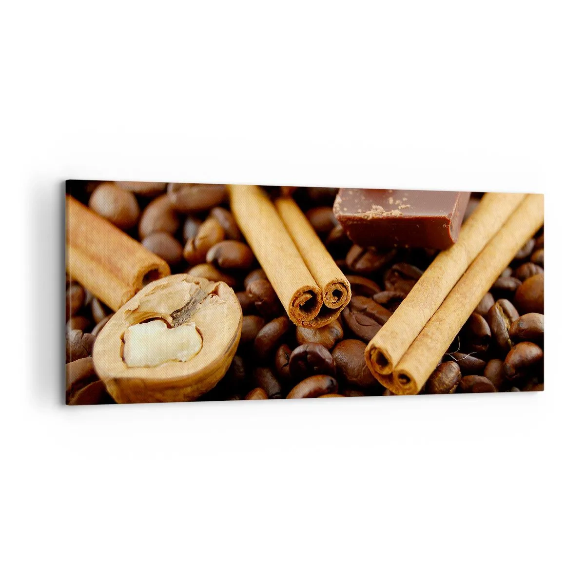 Quadro su tela - Stampe su Tela - Chicchi di caffè con bastoncini di cannella, cioccolato e noci. - 120x50cm - Concerto di sapori - Decorazione murale moderna per soggiorno e camera da letto ARTTOR