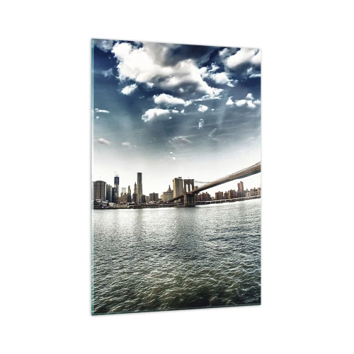 Quadro su vetro - Panorama della città con un ponte contro il cielo blu - 70x100cm - L'isola di vetro - Decorazione murale moderna per soggiorno e camera da letto ARTTOR