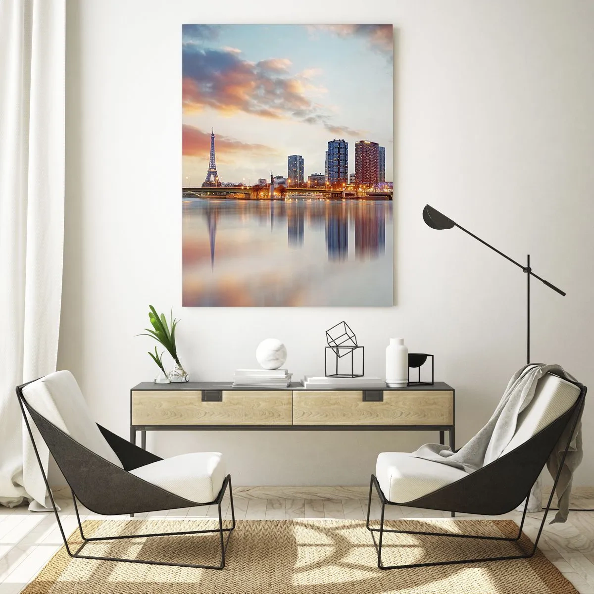 Quadro su vetro - Panorama di edifici moderni e della Torre Eiffel sull'acqua - 80x120cm - La pace monumentale di Parigi - Decorazione murale moderna per soggiorno e camera da letto ARTTOR