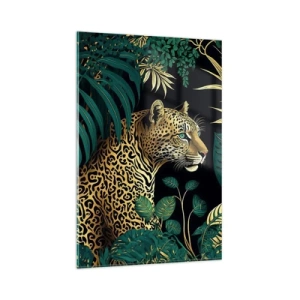 Quadro su vetro - Leopardo tra foglie tropicali su sfondo nero - 80x120cm - Il signore della giungla - Decorazione murale moderna per soggiorno e camera da letto ARTTOR