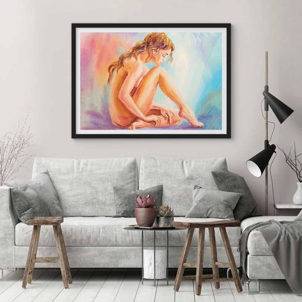 Poster in cornice nera - Una delicata figura di donna su uno sfondo pastello - 100x70cm - Nudo di giovane - Decorazione murale moderna per soggiorno e camera da letto ARTTOR
