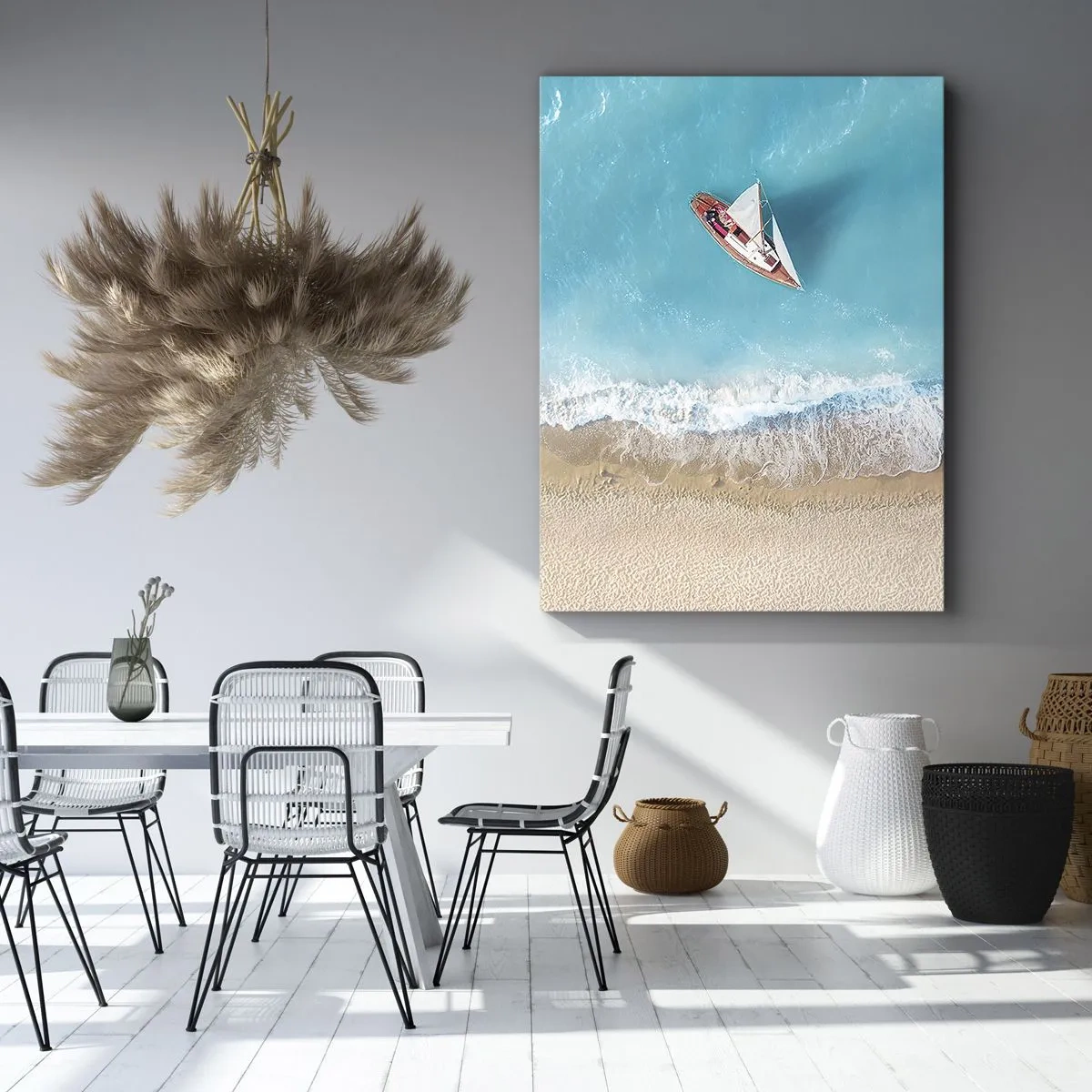 Quadro su tela - Stampe su Tela - Una vista a volo d'uccello di una barca sulla spiaggia - 50x70cm - Al confine del blu e dell'oro - Decorazione murale moderna per soggiorno e camera da letto ARTTOR