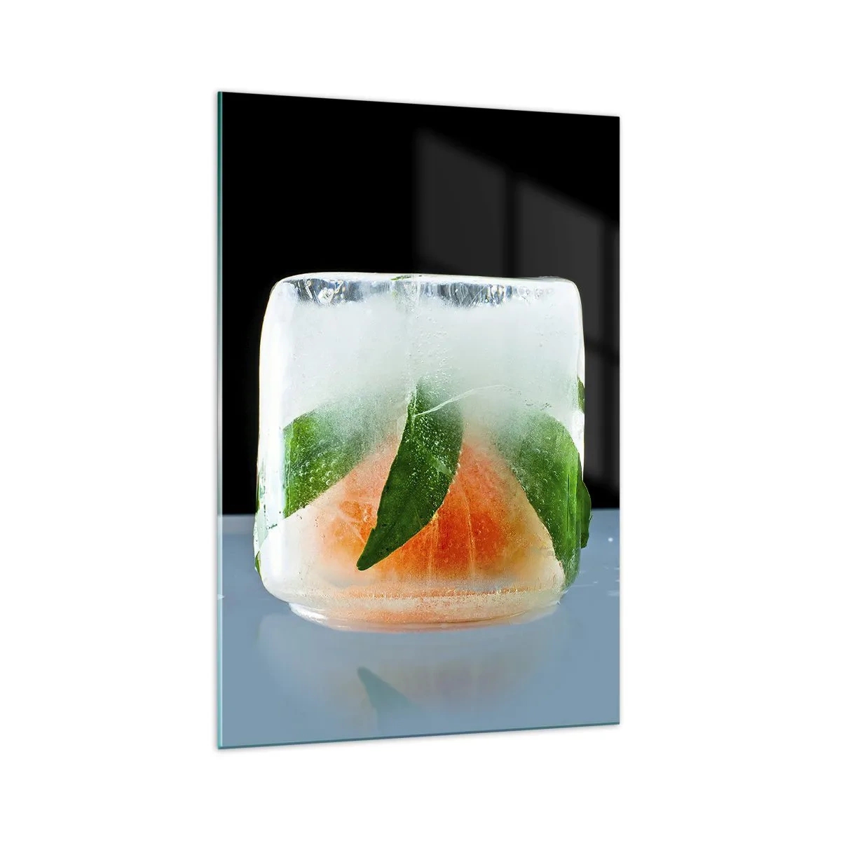 Quadro su vetro - Cubetto di ghiaccio con arancia e foglie - 70x100cm - Freschezza e rinfresco - Decorazione murale moderna per soggiorno e camera da letto ARTTOR