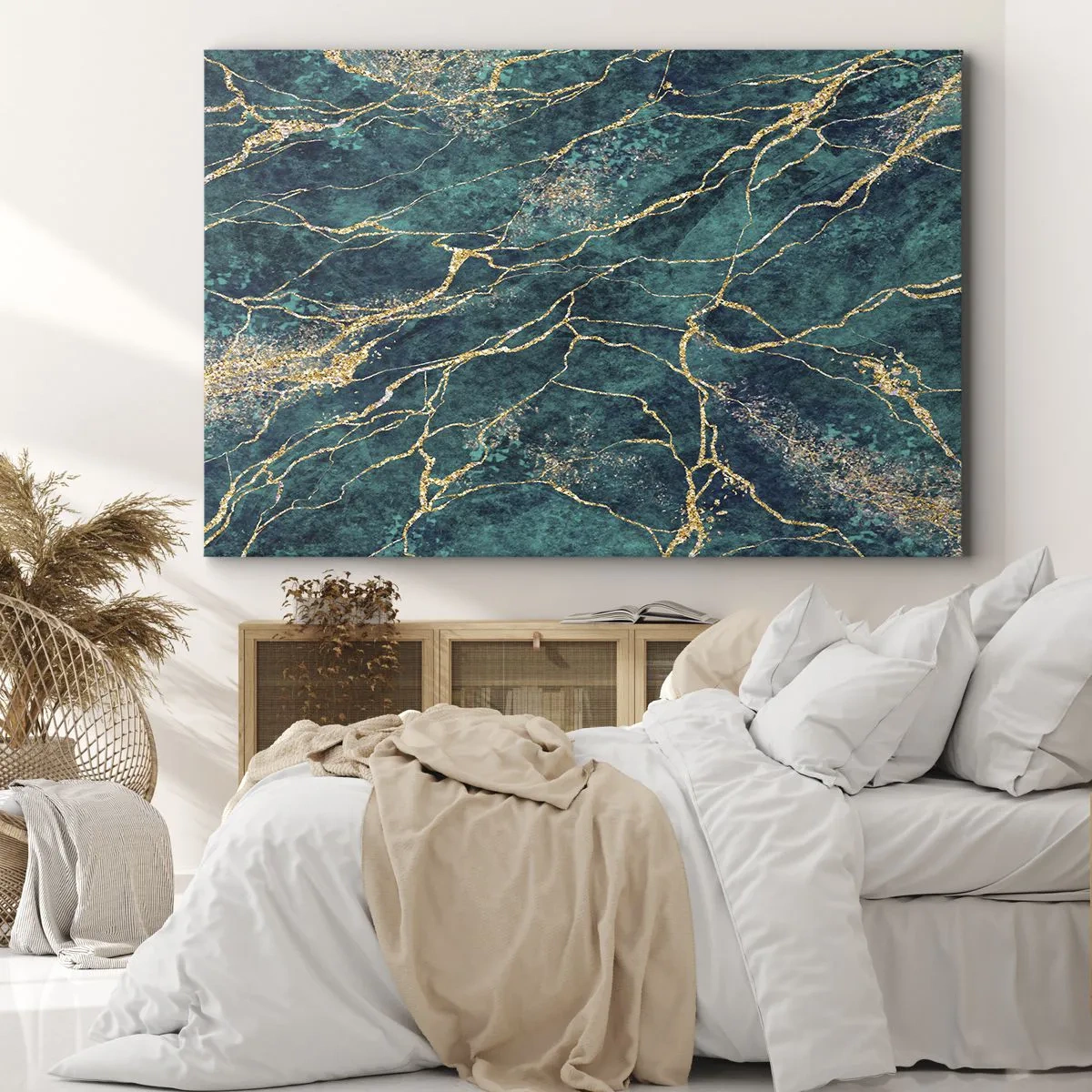Quadro su tela - Stampe su Tela - Motivo marmoreo strutturato nelle tonalità del turchese e dell'oro - 120x80cm - La vena d'oro - Decorazione murale moderna per soggiorno e camera da letto ARTTOR