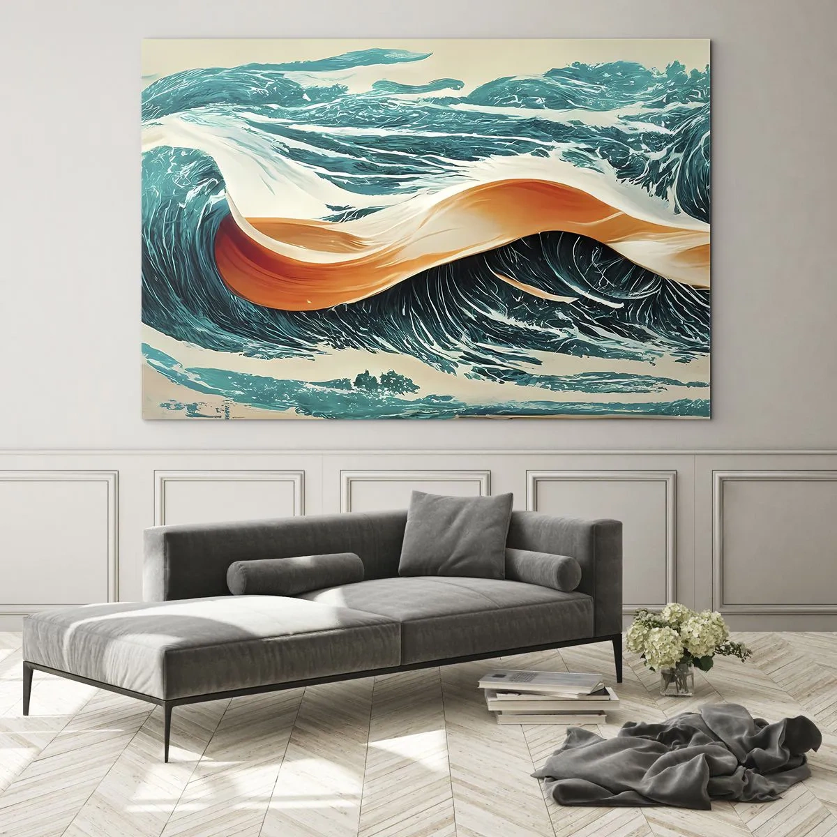 Quadro su vetro - Onde turchesi con un nastro arancione in stile surreale - 120x80cm - Il sogno del surfista - Decorazione murale moderna per soggiorno e camera da letto ARTTOR