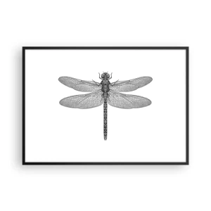 Poster in cornice nera - Disegno in bianco e nero di una libellula su sfondo bianco in stile minimalista - 100x70cm - La precisione della natura - Decorazione murale moderna per soggiorno e camera da letto ARTTOR