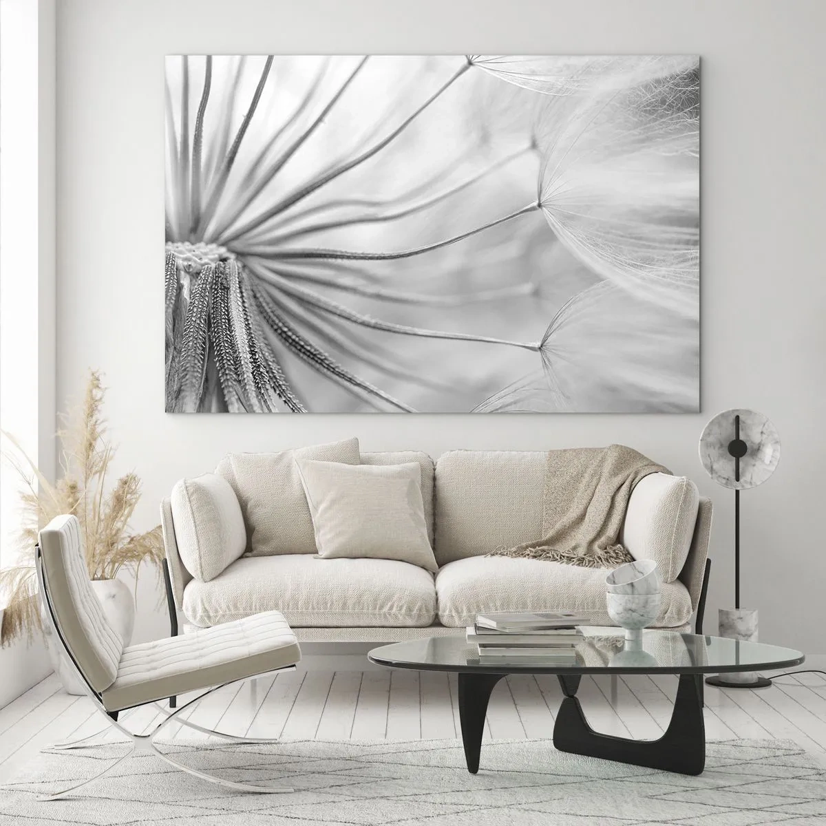 Quadro su vetro - Macrofotografia di un dente di leone in tonalità di bianco e nero - 120x80cm - Denti di leone, aquiloni - Decorazione murale moderna per soggiorno e camera da letto ARTTOR