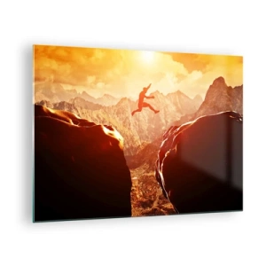 Quadro su vetro - Saltare un abisso in un paesaggio montano al tramonto - 70x50cm - Superare i confini - Decorazione murale moderna per soggiorno e camera da letto ARTTOR