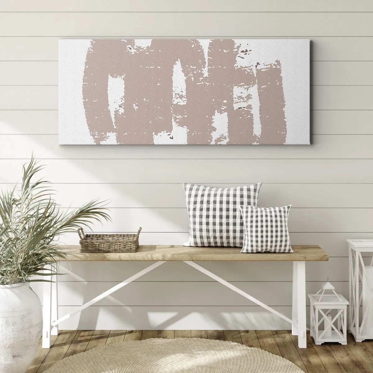 Quadro su tela - Stampe su Tela - Forme rosa tenui su uno sfondo chiaro - 160x50cm - Astrazione in un rosa mite - Decorazione murale moderna per soggiorno e camera da letto ARTTOR