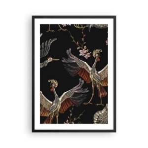 Poster in cornice nera - Eleganti gru tra i fiori su sfondo nero, in stile orientale. - 50x70cm - Uccello fantastico - Decorazione murale moderna per soggiorno e camera da letto ARTTOR