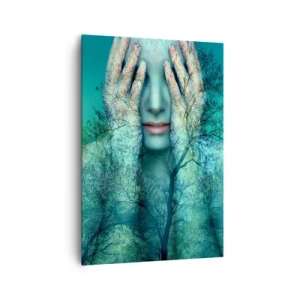 Quadro su tela - Stampe su Tela - Una figura femminile con un motivo ad albero su uno sfondo paesaggistico turchese - 70x100cm - Immersa nel blu - Decorazione murale moderna per soggiorno e camera da letto ARTTOR