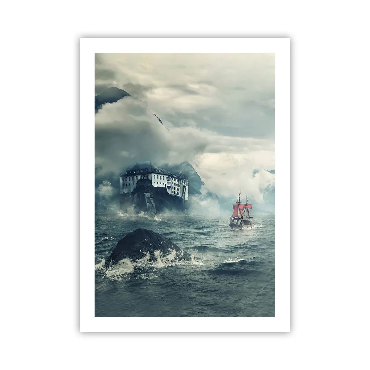 Poster - Una nave in un mare in tempesta vicino a un castello nella nebbia - 50x70cm - Sulle acque magiche - Decorazione murale moderna per soggiorno e camera da letto ARTTOR