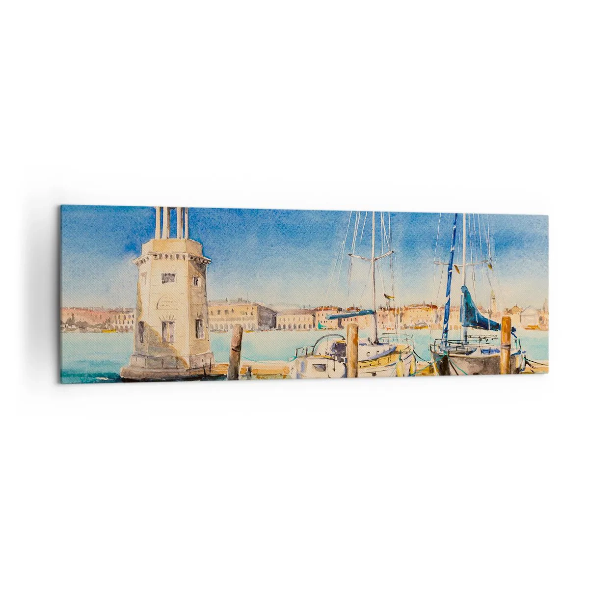 Quadro su tela - Stampe su Tela - Marina con barche sullo sfondo di una laguna blu - 160x50cm - La laguna assolata - Decorazione murale moderna per soggiorno e camera da letto ARTTOR