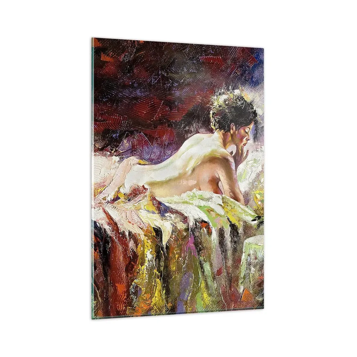 Quadro su vetro - Una donna sdraiata su un letto su uno sfondo di colori astratti. - 80x120cm - Venere pensierosa - Decorazione murale moderna per soggiorno e camera da letto ARTTOR