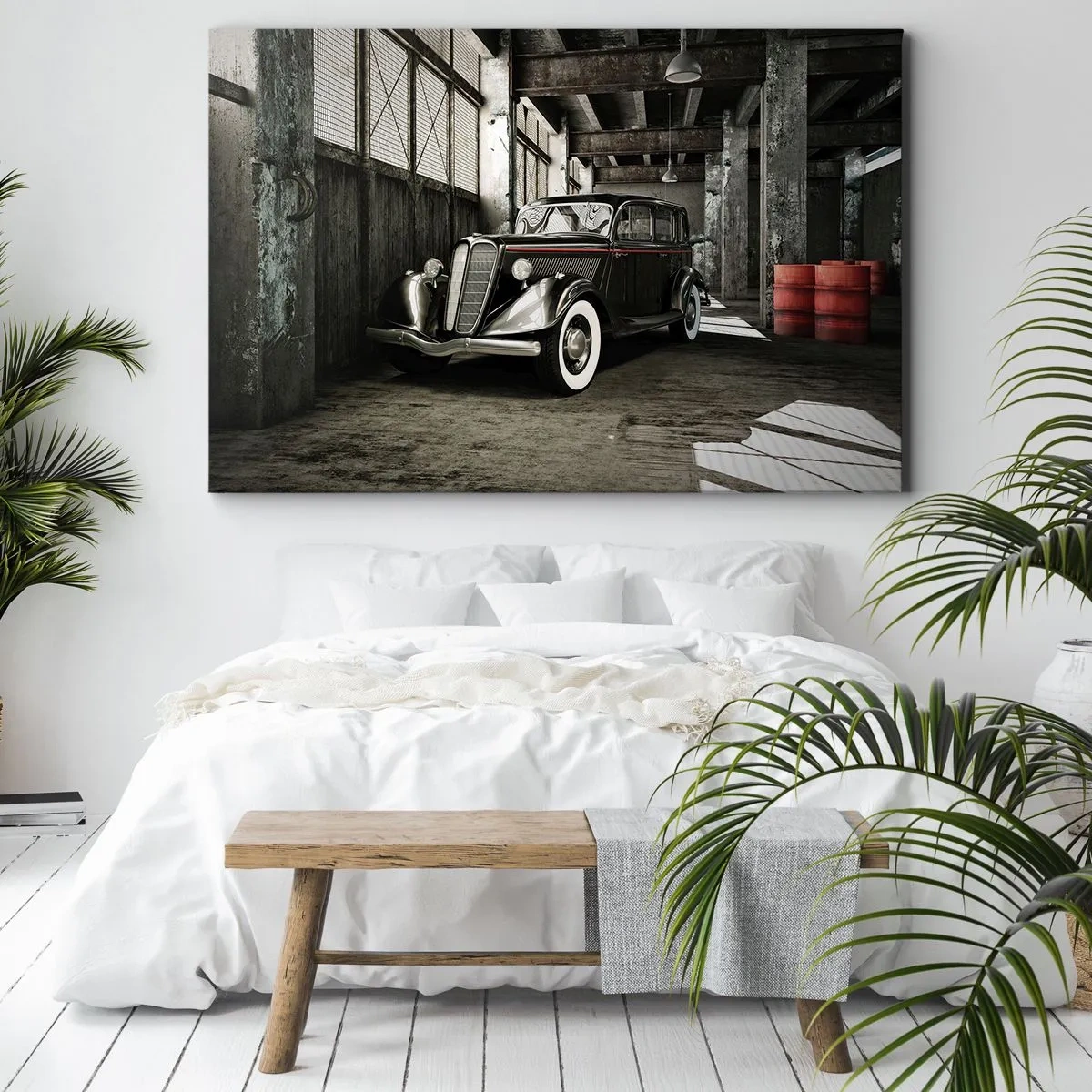 Quadro su tela - Stampe su Tela - Elegante auto retrò in un magazzino grezzo - 100x70cm - L'eleganza eterna degli anni '30 - Decorazione murale moderna per soggiorno e camera da letto ARTTOR