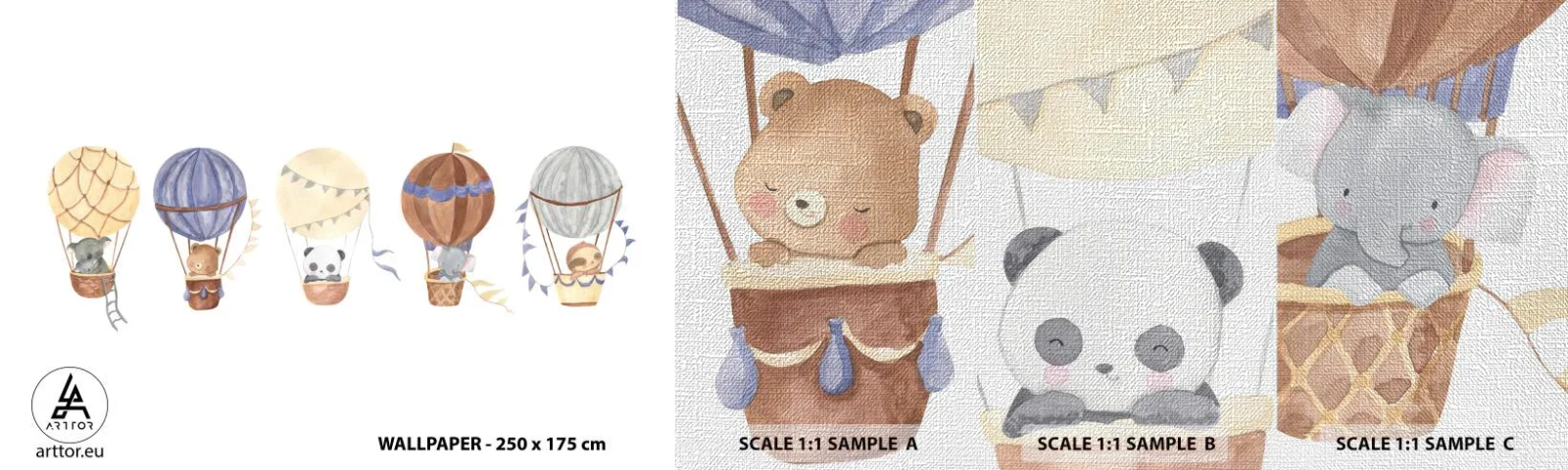 Campione di Fotomurale Premium Canvas - Amici in viaggio - Palloncini, Animali, Bambini - 100x30 cm