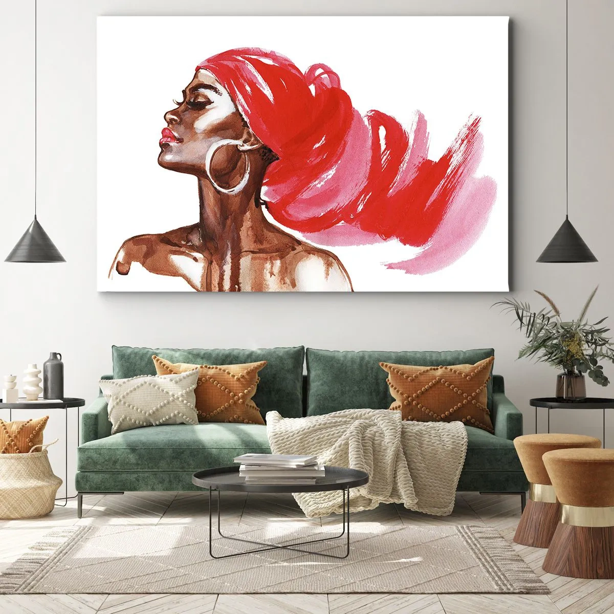 Quadro su tela - Stampe su Tela - Profilo di una donna con turbante rosso e orecchini - 120x80cm - C'è un vento che allarga le narici dell'uomo - Decorazione murale moderna per soggiorno e camera da letto ARTTOR
