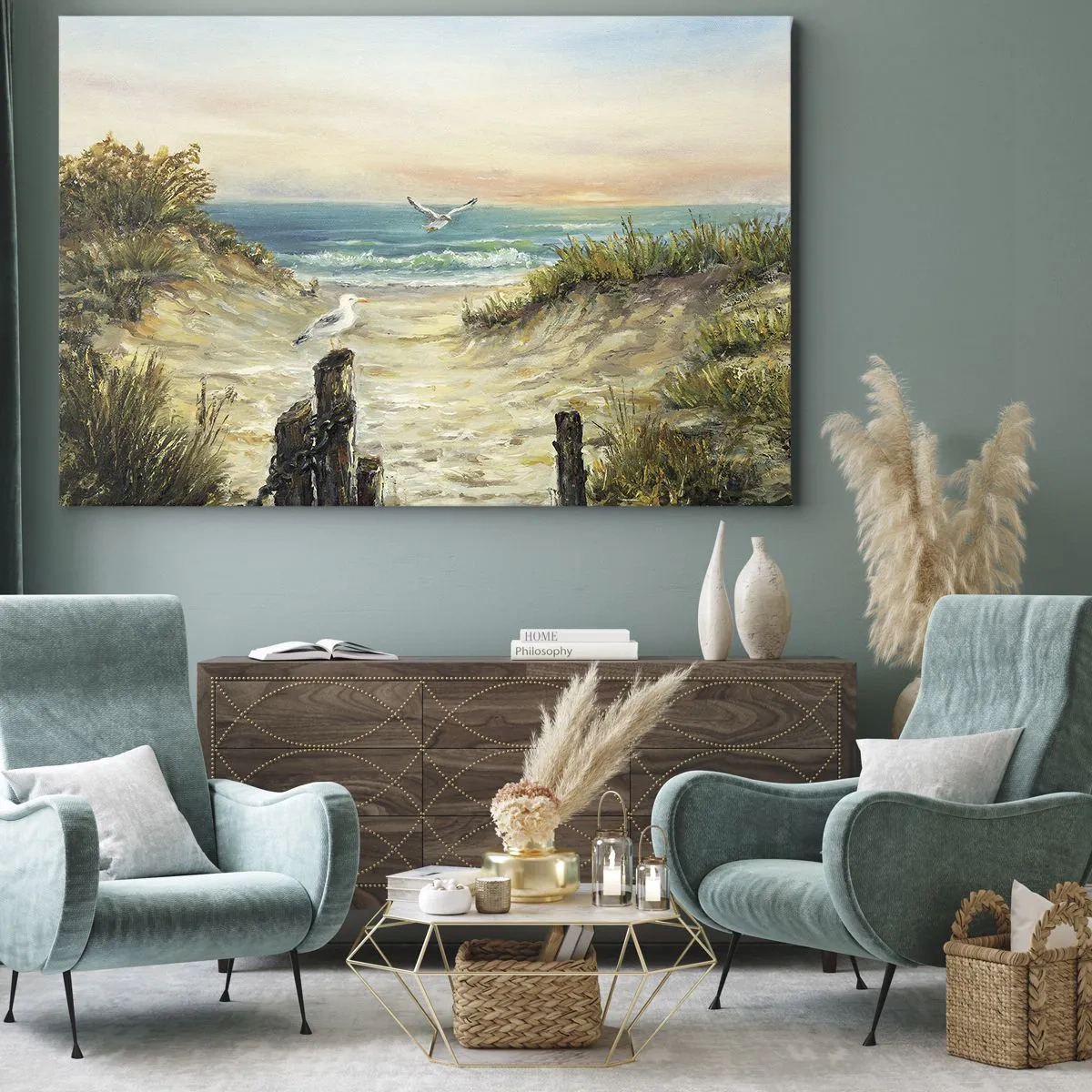 Quadro su tela - Stampe su Tela - Costa con gabbiani e dune al tramonto - 120x80cm - Silenzio senza vento - Decorazione murale moderna per soggiorno e camera da letto ARTTOR