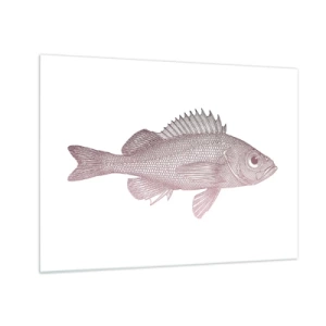 Quadro su vetro - Grafica di un pesce con un grande occhio in stile retrò su sfondo bianco - 70x50cm - Il pesce dagli occhi enormi - Decorazione murale moderna per soggiorno e camera da letto ARTTOR