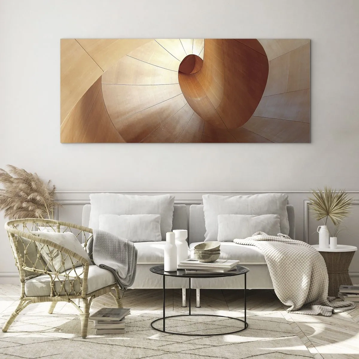 Quadro su vetro - Spirale astratta nei toni del legno e del marrone chiaro - 140x50cm - Serpentina architettonica - Decorazione murale moderna per soggiorno e camera da letto ARTTOR