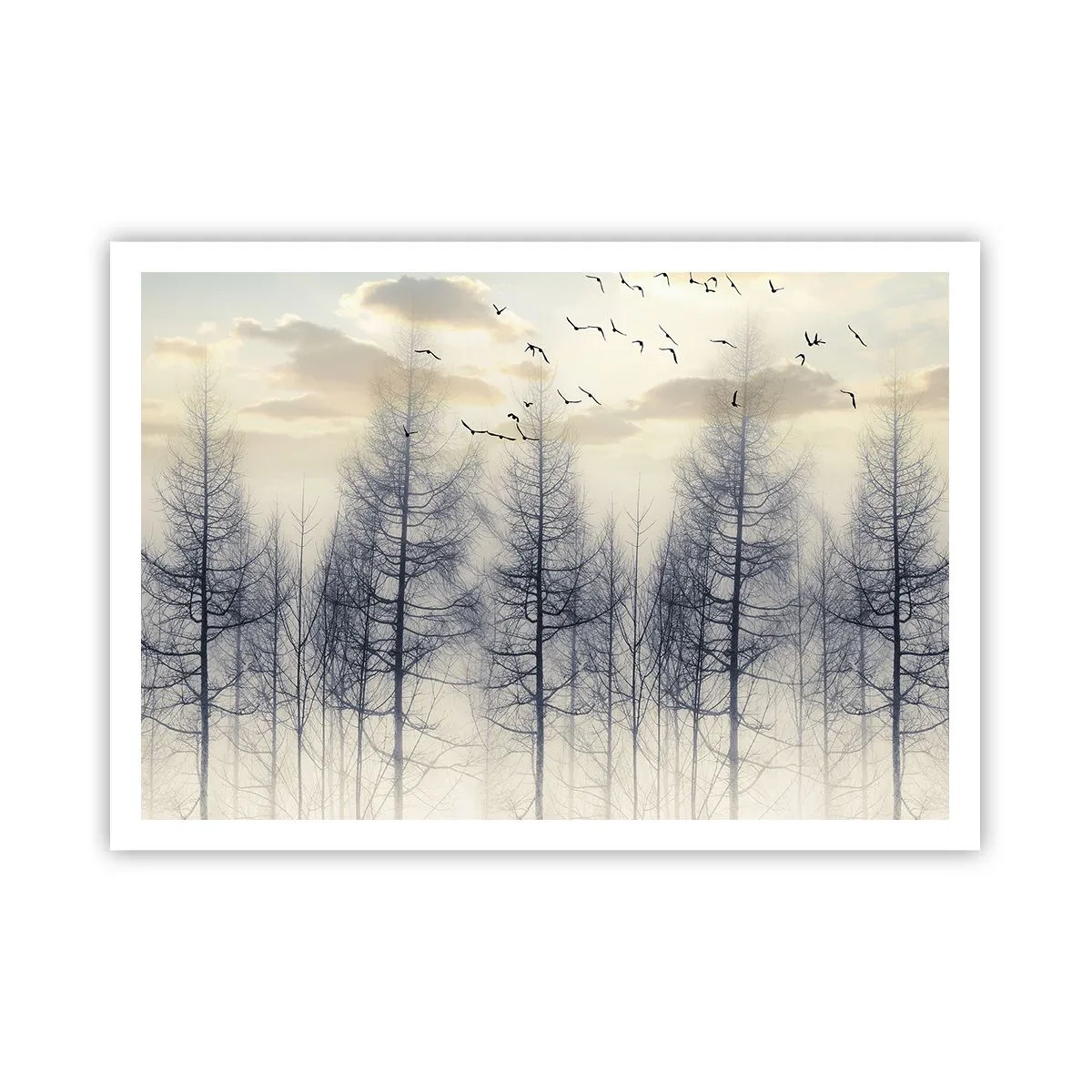 Poster - Foresta nebbiosa con uccelli contro il cielo al tramonto - 100x70cm - Lo spirito della foresta - Decorazione murale moderna per soggiorno e camera da letto ARTTOR