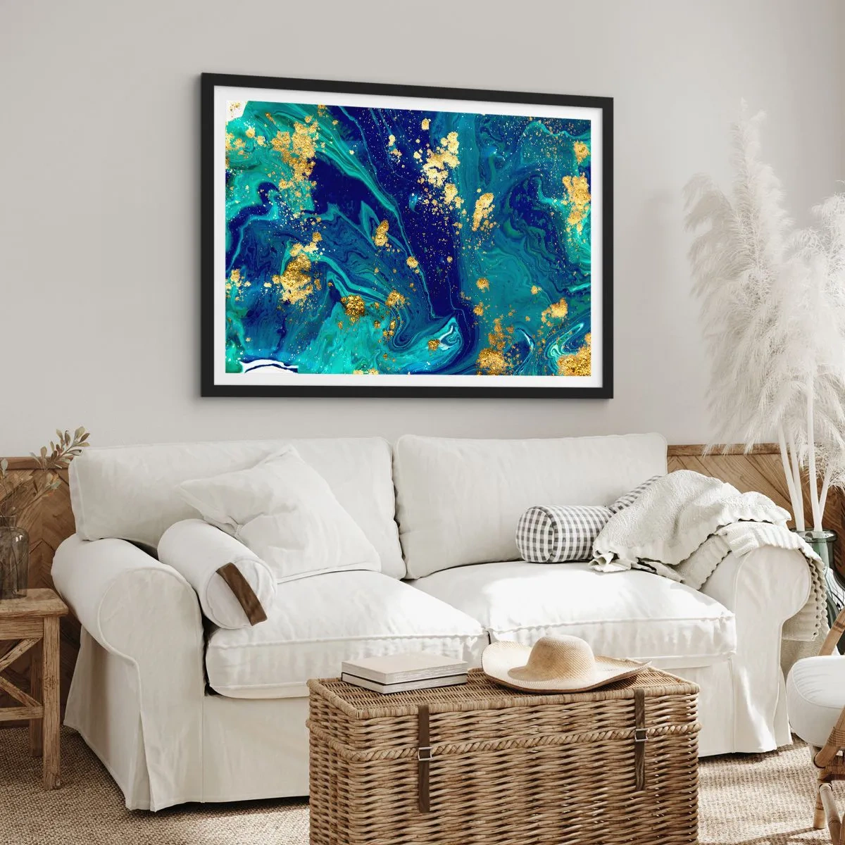 Poster in cornice nera - Una composizione astratta con accenti blu, verdi e dorati. - 70x50cm - Petali di sole - Decorazione murale moderna per soggiorno e camera da letto ARTTOR